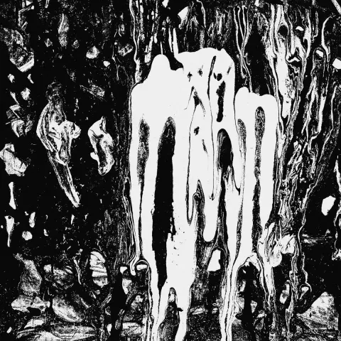 Black and white, grainy/sketchy representation of flowing white forms, organic in shape like dripping wax.