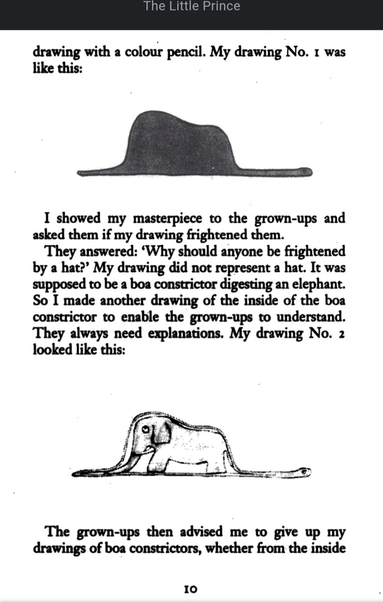 Page 10.in the book The little prince 

"drawing with a colour pencil. My drawing No. 1 was like this:

I showed my masterpiece to the grown-ups and asked them if my drawing frightened them.

They answered: ‘Why should anyone be frightened by a hat?” My drawing did not represent a hat. It was supposed to be a boa constrictor digesting an elephant. So I made another drawing of the inside of the boa constrictor to enable the grown-ups to understand. They always need explanations. My drawing No. 2 looked like this:

The grown-ups then advised me to give up my drawings of boa constrictors, whether from the inside"

page 10