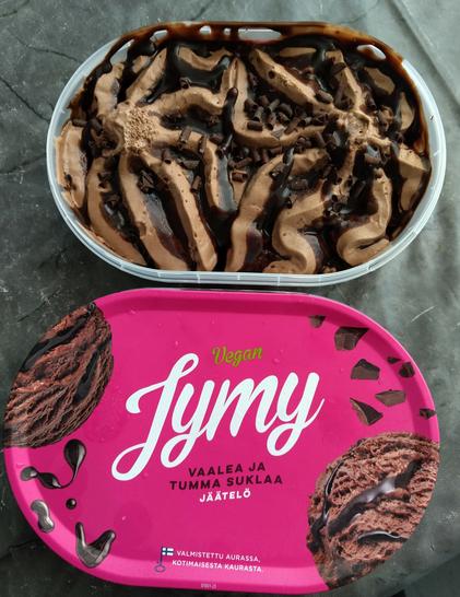 Kuva jäätelöpaketista avattuna, kansi ja purkki erikseen. Pinkissä kannessa lukee Vegan Jymy vaalea ja tumma suklaa jäätelö, on kuvaa jäätelöpallosta, suklaakastikkeesta, suklaamuruista.

Ja rasiassa on sitten ruskeaa vegaanista suklaajäätelöä, jonka påällä on sitä suklaakastiketta ja suklaamurusia.