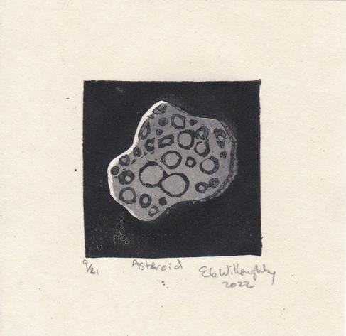 This is my wee little asteroid linocut (on paper 4” x 4” with 2” x 2” printed area) in silver and black ink.