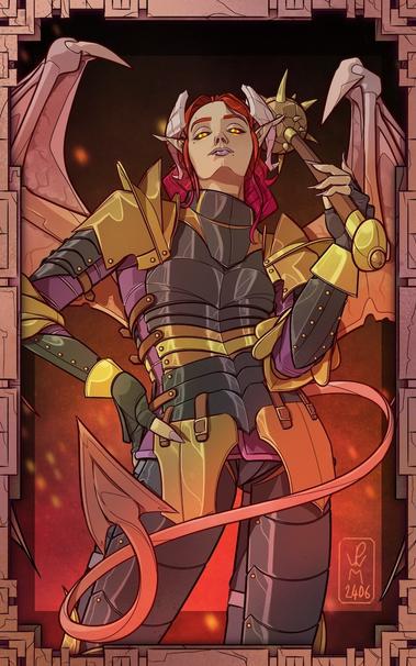 A digital drawing of a female tiefling/devil warlord looking down at the viewer from an elevated perspective. The tiefling has a dismissive attitude and pose, with her right hand on her hip and her left hand holding a wicked-looking spiked morningstar just above her left shoulder. She has swept-back horns, leathery wings and a tail which whips out into the foreground. Her eyes are golden yellow, she has olive skin and long crimson hair. She's dressed in a full suit of plate armour; the plates are glossy black with golden joints, studs and fittings. The background suggests that she's standing in or in front of a fire.