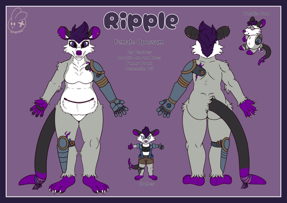 Character design of a female Opossum. She has a Robotic left arm and right knee. The image shows her front and back.  Her colour pallet is based on the acesexual pride flag.