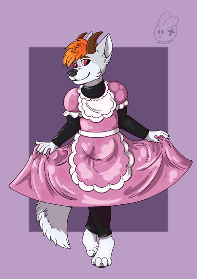 Image of an anthro husky in a latex dress. The dress is pink and white and looks like a maids.