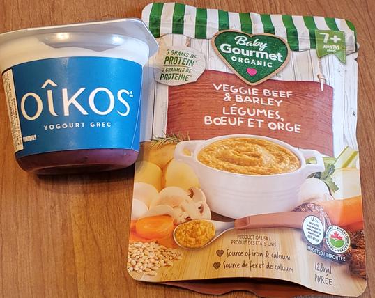 Oikos blueberry yogurt & Baby Gourmet veggie beef & barley pureed soup