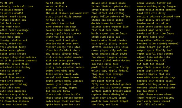 A variety of three- and four-word cracked passphrases, most of which appear to randomly generated.