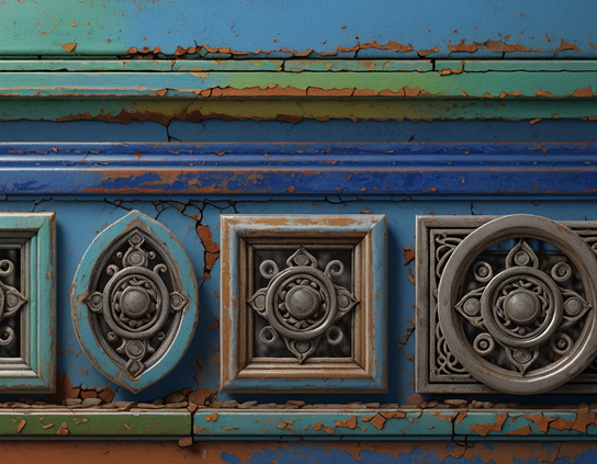 Ornate symmetrical vintage tarnished silver decorations, set in a distressed painted surface in blue and green hues, with a rustic design and weathered texture.