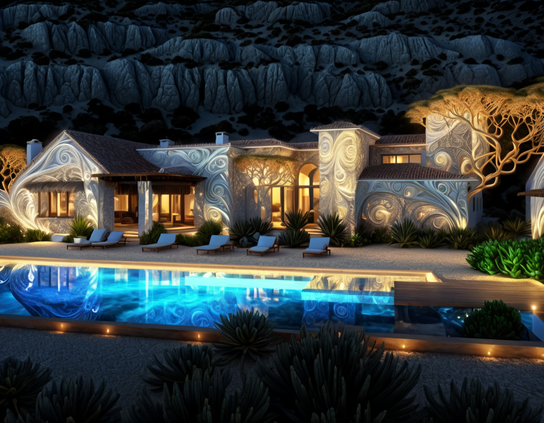 Night scene of luxury house with desert plantings, fractal patterned exterior lighting, and lounge chairs by an illuminated swimming pool, with basalt hills rising behind it.