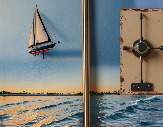 A gravity control toy from the future that appears aged, in a scene split by a vertical brass pole. On the left, a detailed sailboat model floating in the air above blue ocean waves. On the right, a mechanical device with a sliding knob that appears to remotely control the boat's position.