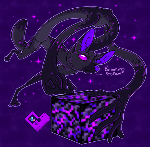 digital art of an enderman based canine character from minecraft. With extreme perspective that makes it look like he's stretching in from far away, he asks the viewer "You don't need this, right?" as his hands stretch around to grab a weeping obsidian block.