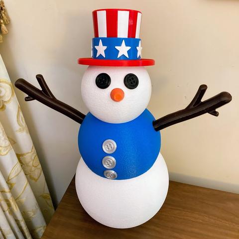 A gigantic 3d printed snowman with a 4th of July hat on.