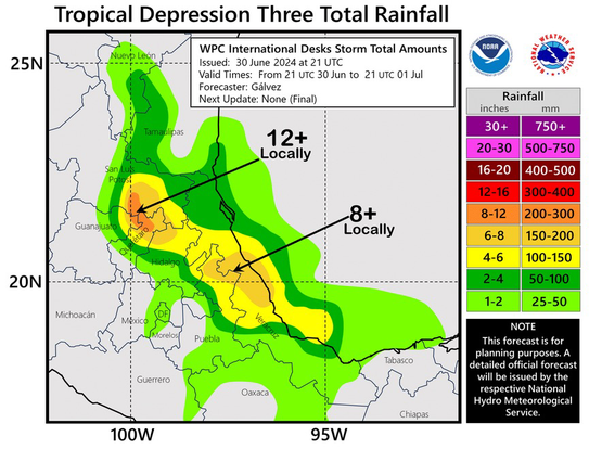 Additional rainfall totals into Mexico