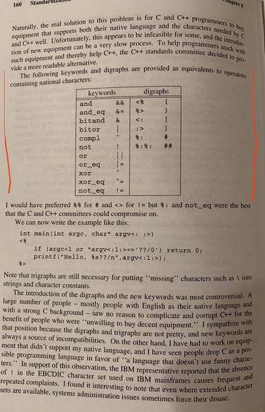 Naturally, the real solution to this problem is for C and C++ programmers to buy equipment that supports both the  native languages sets for character needed by c as well. Unfortunately, this a appears to be infeasible for some and the introduction of new equipment can be a very slow process. To help programmers stuck with such equipment and thereby help C++, the c++ standards committee decided to provide a more readable alternative.
The following keywords and digraphs are provided as equivalents to operators containing national characters: