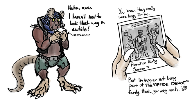 A wererat looking at a polaroid photo of himself from a time in his past. In his human form, he looks more uncomfortable and less animated than his peers. It contrasts with his more natural, smiling self as a were-rat.