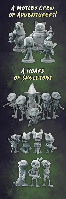 STL images of miniatures like skeletons, slimes, and party members.