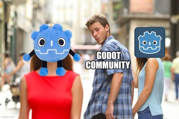 Distracted boyfriend meme, Godot Community ignoring Icon.svg in favor of the Godot Robot Plush