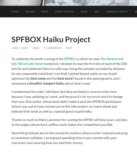 Shows the front page and intro of the SPFBO haiku project described
