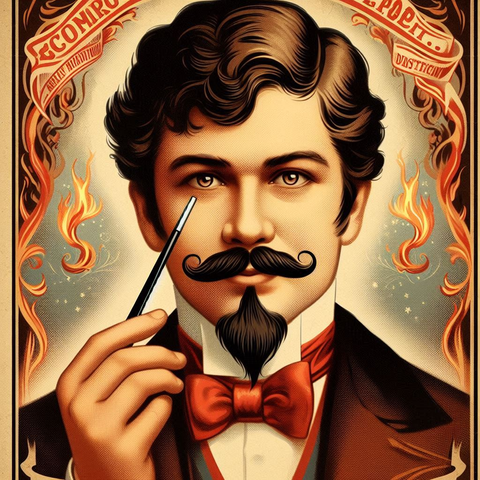 A.I.l generated image from the prompt “create a poster for an 1800s stage magician. The magician needs a goatee.” The result is a stereotypical "suave devil" stage magician--and happens to be a nearly spot-on portrait of 19th C Jewish magician Alexander Herrmann
