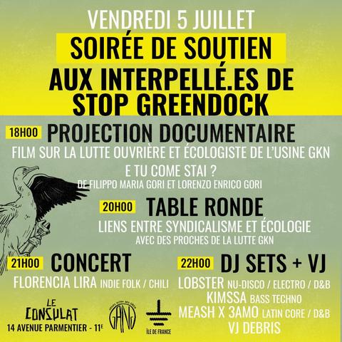 Flyer pour la soirée de soutien aux interpellé·es de Stop Greendock
