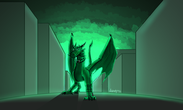 scene of xenix the dragon walking away from a green explosion while looking badass