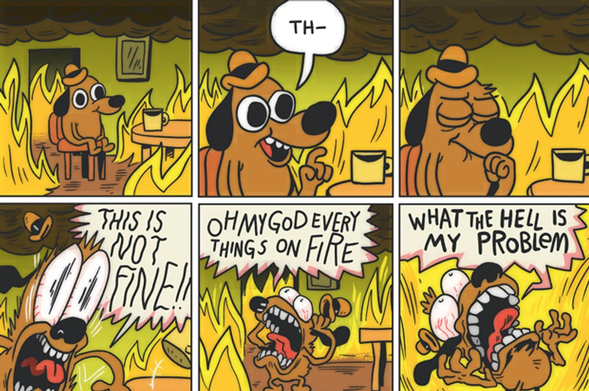 This is fine dog screams "this is NOT FINE!" OH MY GOD EVERYTHINGS ON FIRE! WHAT THE HELL IS MY PROBLEM!?"