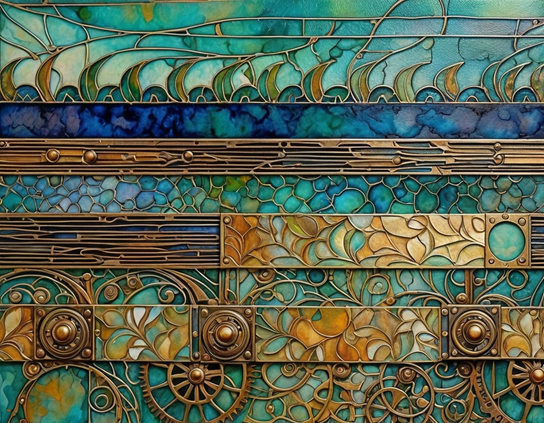 Mechanical design with an aquatic theme, intricate patterns, metal elements, blue and green hues, and steampunk style decorative details.