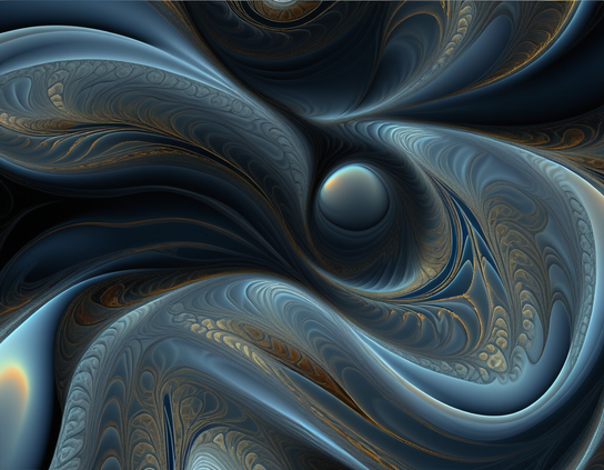 Fabric design with an abstract and water elemental style, in blue hues with gold accents, dynamic shapes, and organic flow.