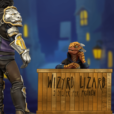 A small orange kobold in purple robes is sitting behind a worn and dirty crate while resting her head on her hand. The crate has "WIZYRD LIZARD - 5 SILVER PER PROBLEM" handwritten on the side.

Facing her is a humanoid in polished metal armor, with their face out of view.