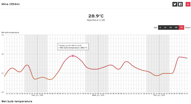 Line chart of 72 hours Wetbulb temperature at Mina station, elevation 394m. Highlighted is 2pm on June 18, showing the day's peak at 29.5°C. 
But at 9am already, it exceeded 26°C and stayed that high all through the following night. The next similar peak occurred on June 20 with 29.2°C and then plateaued there for even longer than on June 18. But the day is cut off in the chart at 11am.