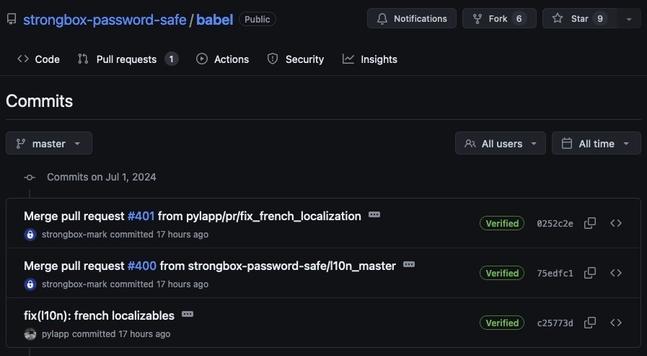 GitHub repository page for "strongbox-password-safe/babel" showing recent commits, including merged pull requests for French localization fixes. The pull request has been merged before having been provided by « pylapp » user.