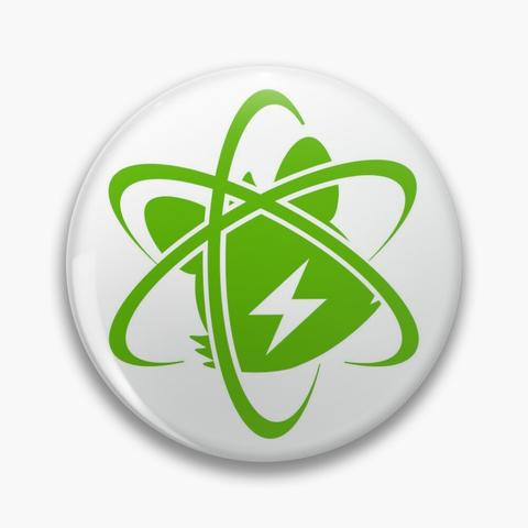 Photo of a white circular pin with the green Department of Computation word logo, which is a green silhouette of a Quokkium atom, which in turn is a quokka's head surrounded by three atomic orbits, with a lightning bolt symbol in the middle. In this variant the words "Department of Computation" are omitted, leaving just the logo.