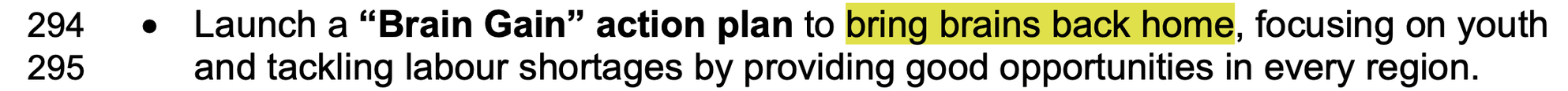 Screenshot from the document that reads “Launch a “Brain Gain” action plan to bring brains back home, focusing on youth and tackling labour shortages by providing good opportunities in every region”