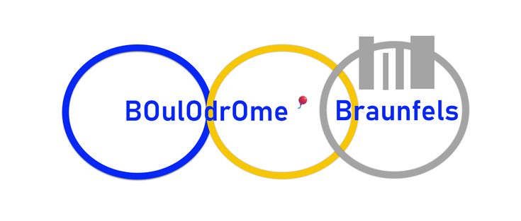 Blau-Goldenes-Basaltgraues Logo des Boulodrome Braunfels; drei Kreise symbolisieren die Boulekugeln und ein klitzekleiner die rote Zielkugel und im 3. Braunfels mit basaltgrau für den Basaltkegel mit grauer Südansicht des Braunfelser Schlosses