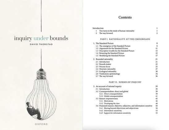 A screenshot of the book cover and first page of contents (Inquiry Under Bounds by David Thorstad from Oxford University Press 2024)