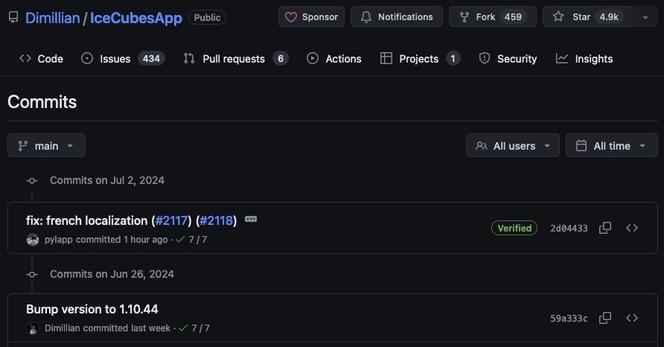 Screenshot of a GitHub repository named "IceCubesApp" by Dimillian. The page displays recent commits, with the latest being "fix: french localization" authored by " pylapp" GitHub user