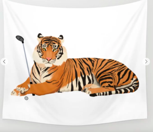 Our tiger mascot is playing golf, shown on a tapestry.