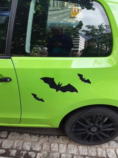 3 schwarze Fledermäuse auf dem hinteren Kotflügel eines grün lackierten Autos.
