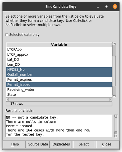 The 'Find Candidate Keys' dialog of mapdata.py, showing the results of testing a set of three columns; one column is identified as having nulls, and 164 cases have duplicate values.