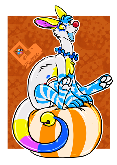 digital art of a clown-themed Elstiq character sitting on top of an orange beachball