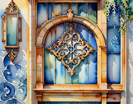 An arched window with opaque panes, with decorative elements in scroll cut wood, glass, blue stenciled design, and trailing foliage that balance each other, in mostly blue and gold hues. Wwatercolor style.