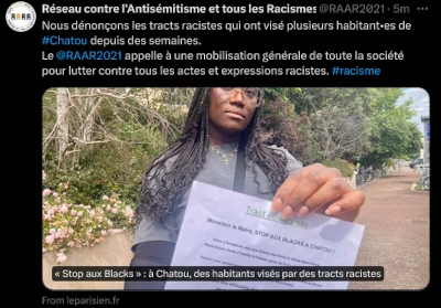 Tweet officiel du RAAR

une personne racisée montre un tract de racistes