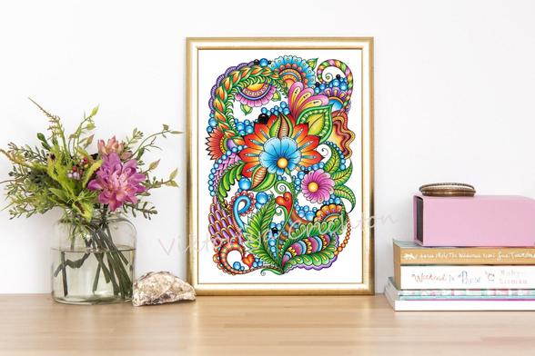 Magic zenart flowers (zendoodle)_34. Abstract drawing in zenart style for home interior, modern art.