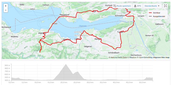Eine Karte, welche die gefahrene Route sowie das Höhenprofil darstellt.