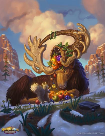A moose lying on partly snow covered grass. It has a horn of plenty between his antlers and shares the fruit and nuts inside with a little squirrel.