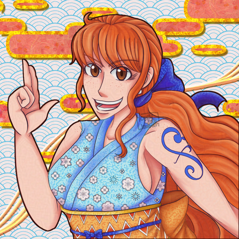 Nami from One Piece in her kunoichi outfit from Wano arc. The background has blue waves and some orangey clouds with goldish borders. Circa 2023