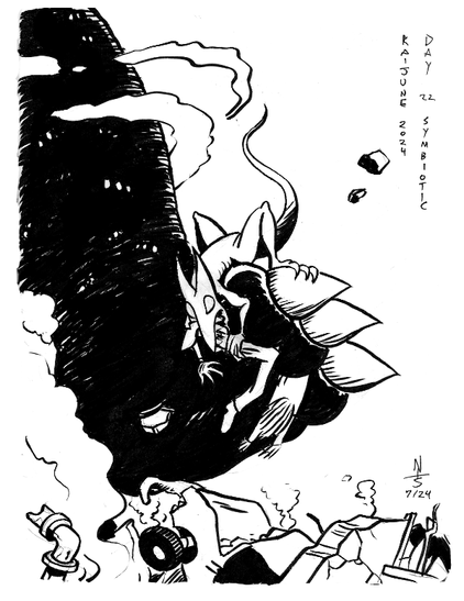 cartoony drawing of a giant monster foot stomping through town. Riding on the foot is a smaller monster, pulling squashed people out from between the giant monster's toes and eating them