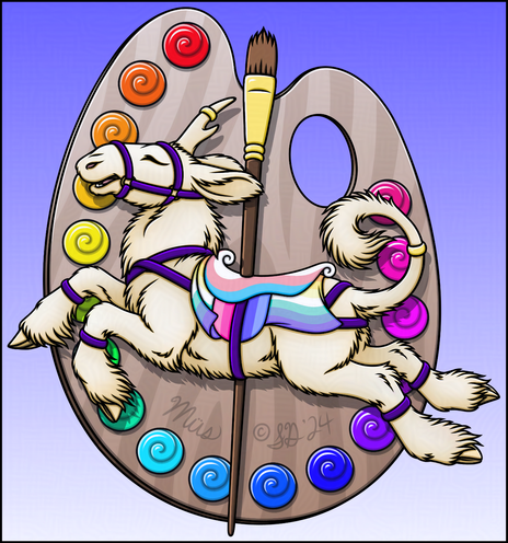 Digital art of a prancing white unimoose in Pride-themed carousel garb, with a paintbrush as a carousel pole, and a painter's wooden palette with rainbow paint in the background.