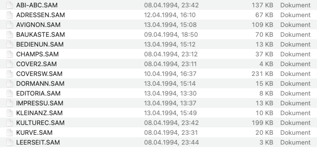 Screenshot vom macOS Finder, der einige Dateien mit der Endung *.SAM zeigt, die im April 1994 bearbeitet wurden.