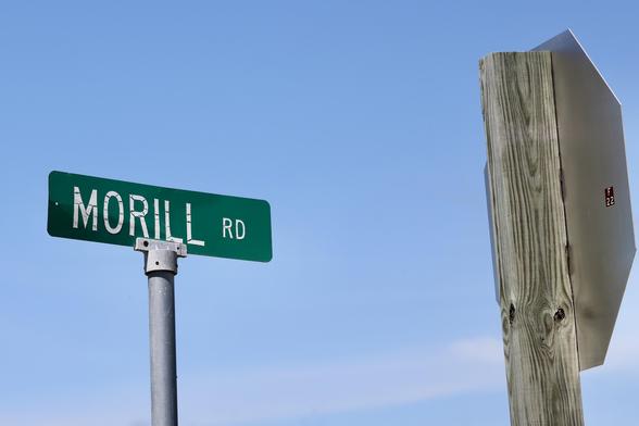 Morrill RD sign off highway 14 with the back of a stop sign