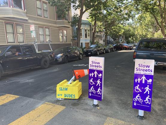 Next to the Slow Streets flexposts is a short wooden(?) block painted yellow with “Slow, my dudes” painted on it in blue