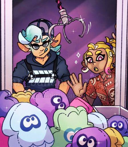 Digital art of an Inkling and Octoling from Splatoon, trying to get a prize from a claw machine full of colorful squid and octopus pillows. The taller Inkling man has light blue tentacle hair and is wearing a baseball cap. He also is wearing a chest harness over a black hoodie. He is controlling the claw and looks confident that he can get a prize. The shorter Octoling boy has yellow tentacle hair tied in to a messy ponytail. He is wearing a red patterned button-up. He is looking inside the machine, face squished against the window, looking at all the colorful prizes with anticipation.